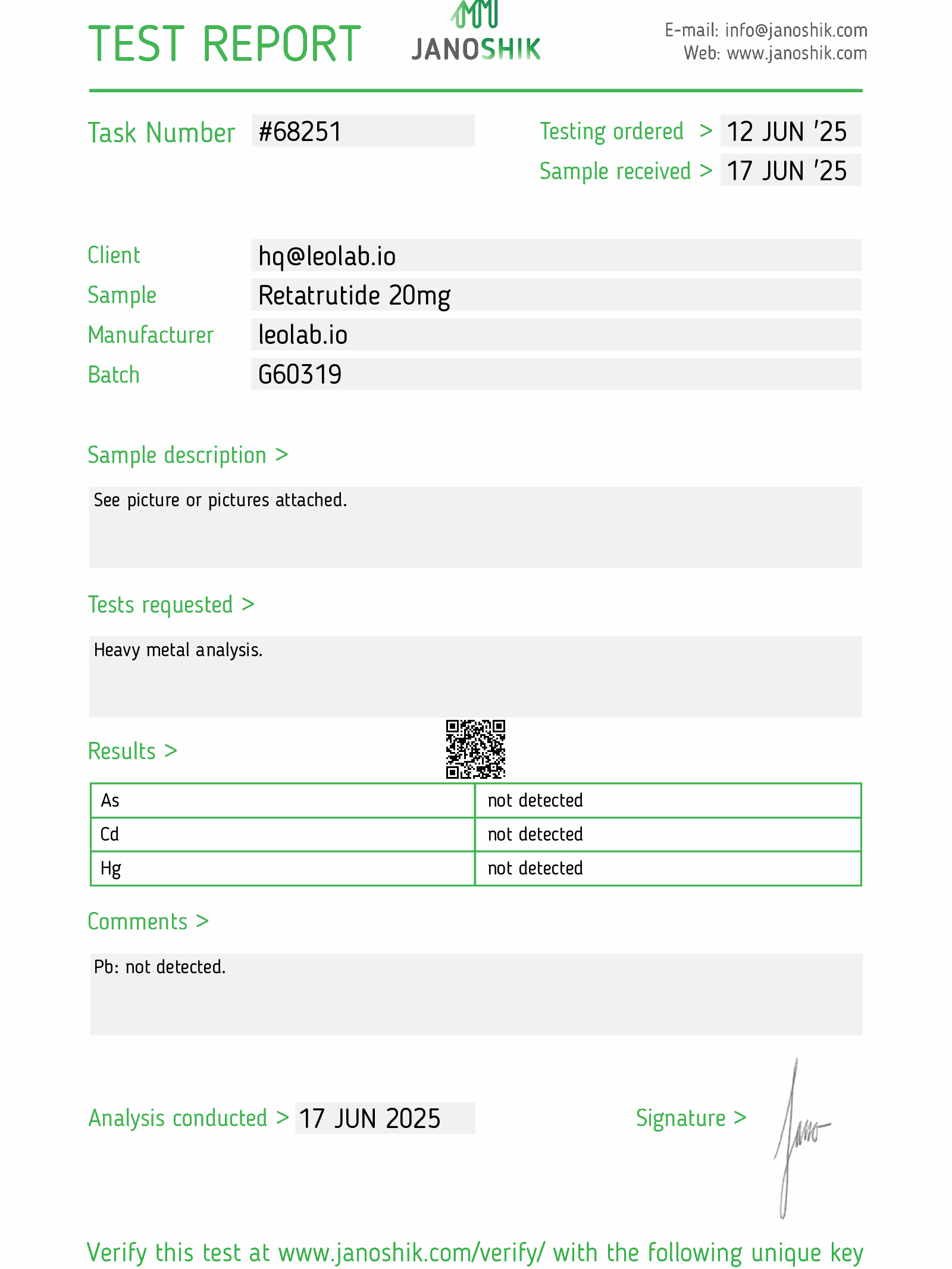Retatrutide 20mg 3-rd party test report #68251