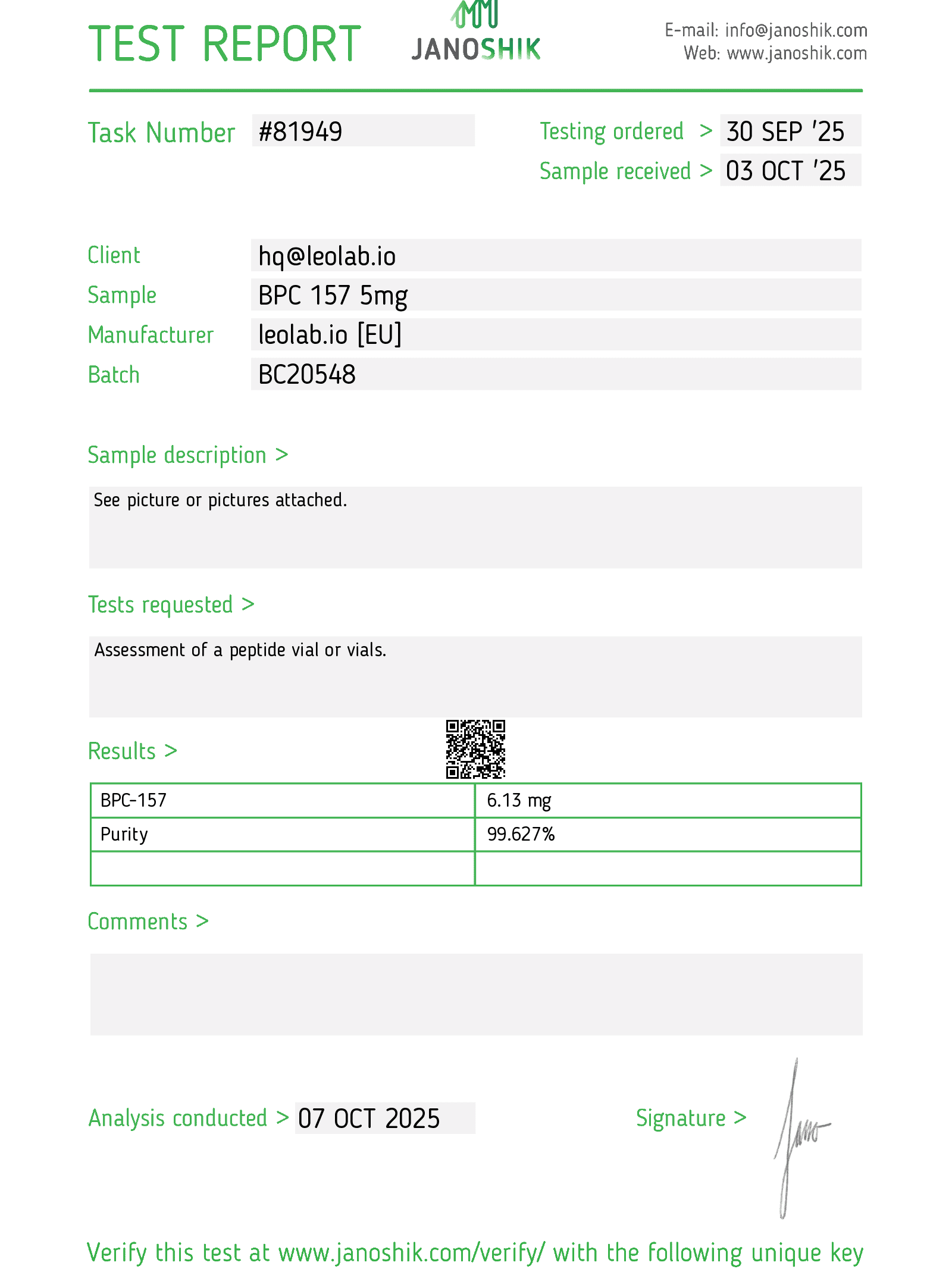 BPC-157 3rd party test results